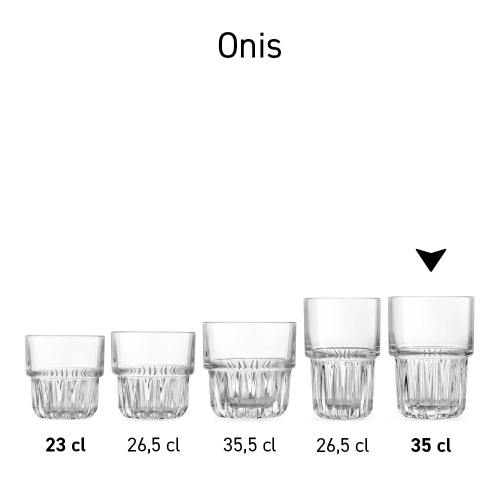 Display of multiple Onis Everest glasses in series.